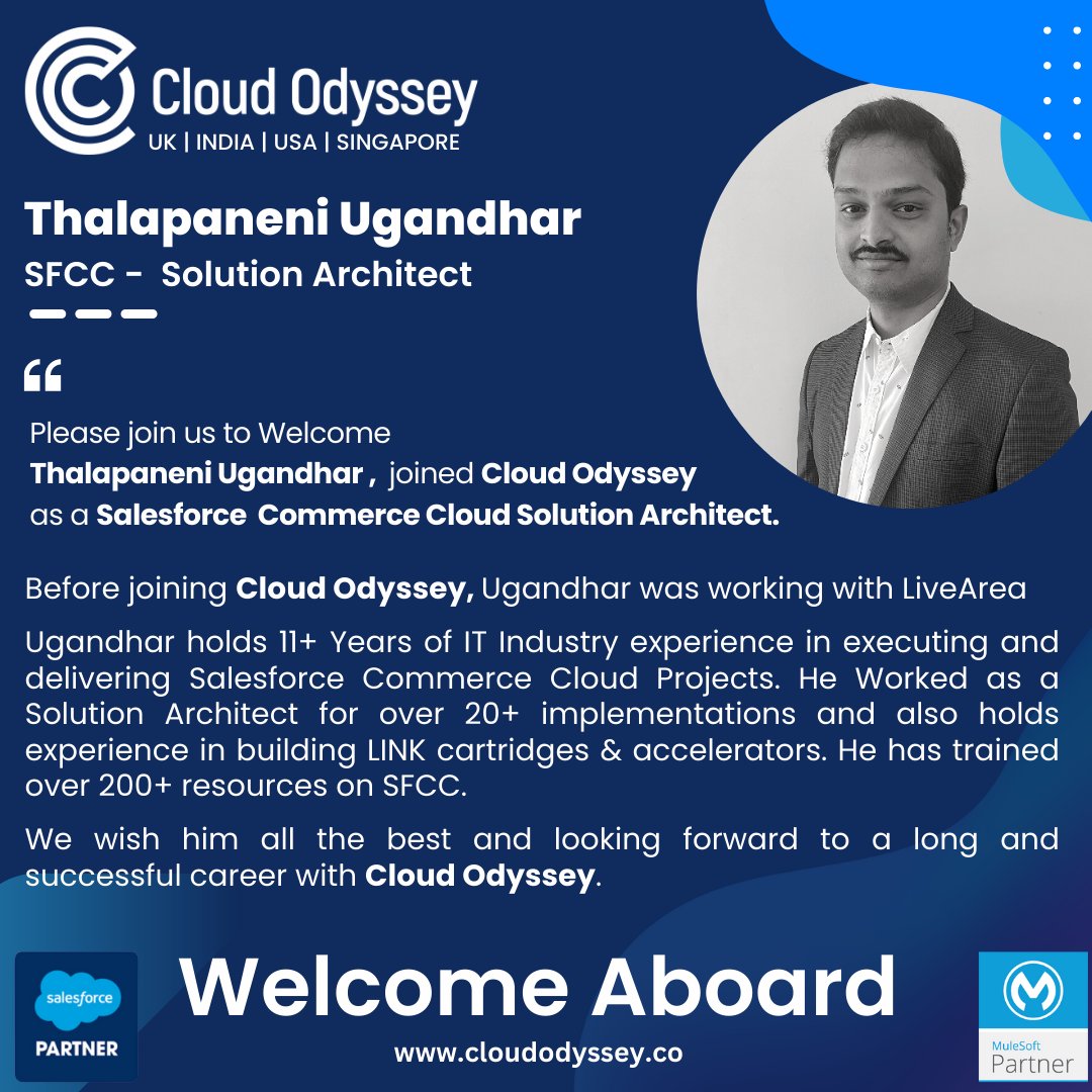 CloudOdyssey_'s tweet photo. A warm welcome to the Cloud Odyssey family!

For career opportunity -
🌐 https://t.co/qcPGh9sNam
📧 career@cloudodyssey.co

#cloudodyssey #welcome #welcometotheteam #welcomeaboard #leadership #salesforce #salesforcecertified #salesforcepartner #salesforcecommunity #commercecloud https://t.co/ct25zDIfpd
