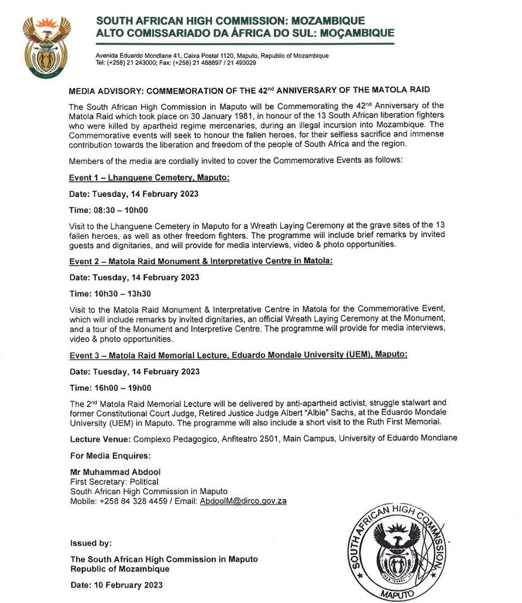 SAHCMaputo's tweet photo. MEDIA ADVISORY: The South African High Commission in Maputo, Mozambique are inviting members of the press and media to participate and cover the 42nd Matola Raid Commemorative Events to be held on 14 February 2023. 🇿🇦 🇲🇿 https://t.co/rBGzg5bR5h