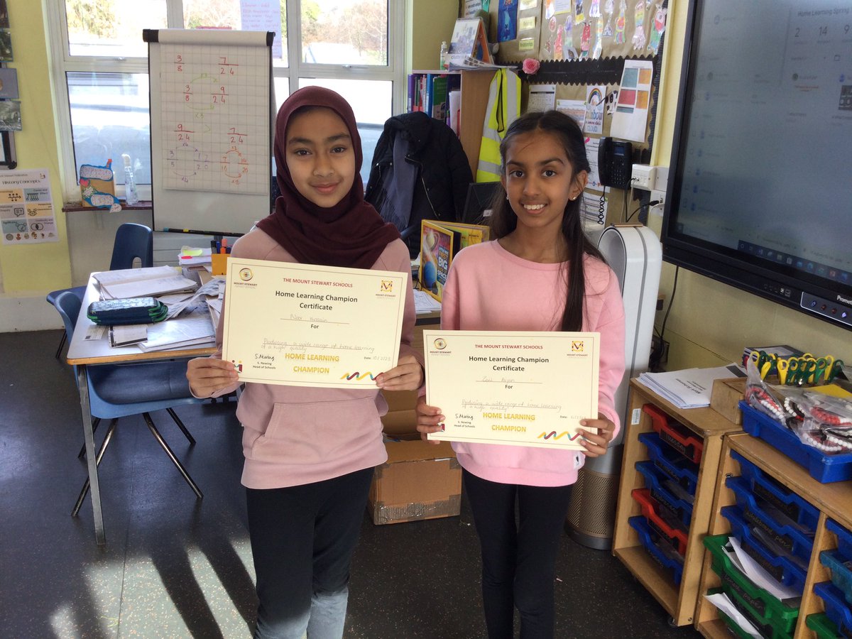 MountStewartSch's tweet photo. A huge well done to Noor and Zeni in 5S for receiving the home learning champion certificate this half term! They both worked on projects together and separately to create fantastic models and informative presentations! #tmssyear5 #tmsshomelearning https://t.co/s50mslz8pr