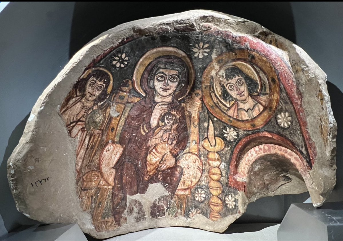 Somewhat_Quiet's tweet photo. For #FrescoFriday, a portion of a dome, painted with the images of the Virgin and Christ child. 6-7thCE, from the Monastery of St. Apollo in #Bawit (a veritable treasure trove of #Coptic Art). At the National Museum of #Egyptian Civilization. https://t.co/jpBLupo9sC