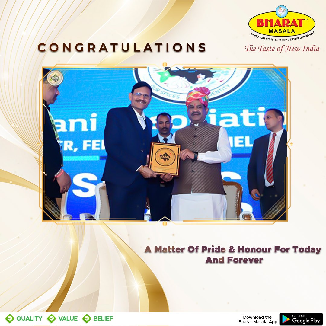 Bharat Masala has been felicitated by Om Birla, Speaker of Lok Sabha at the International Business Meet 2023 conducted by the Rajasthan Spices Association for the quality &amp; purity of products. 

We are thankful for the honour!

#masala #spice #spices #indianspices #indianfood