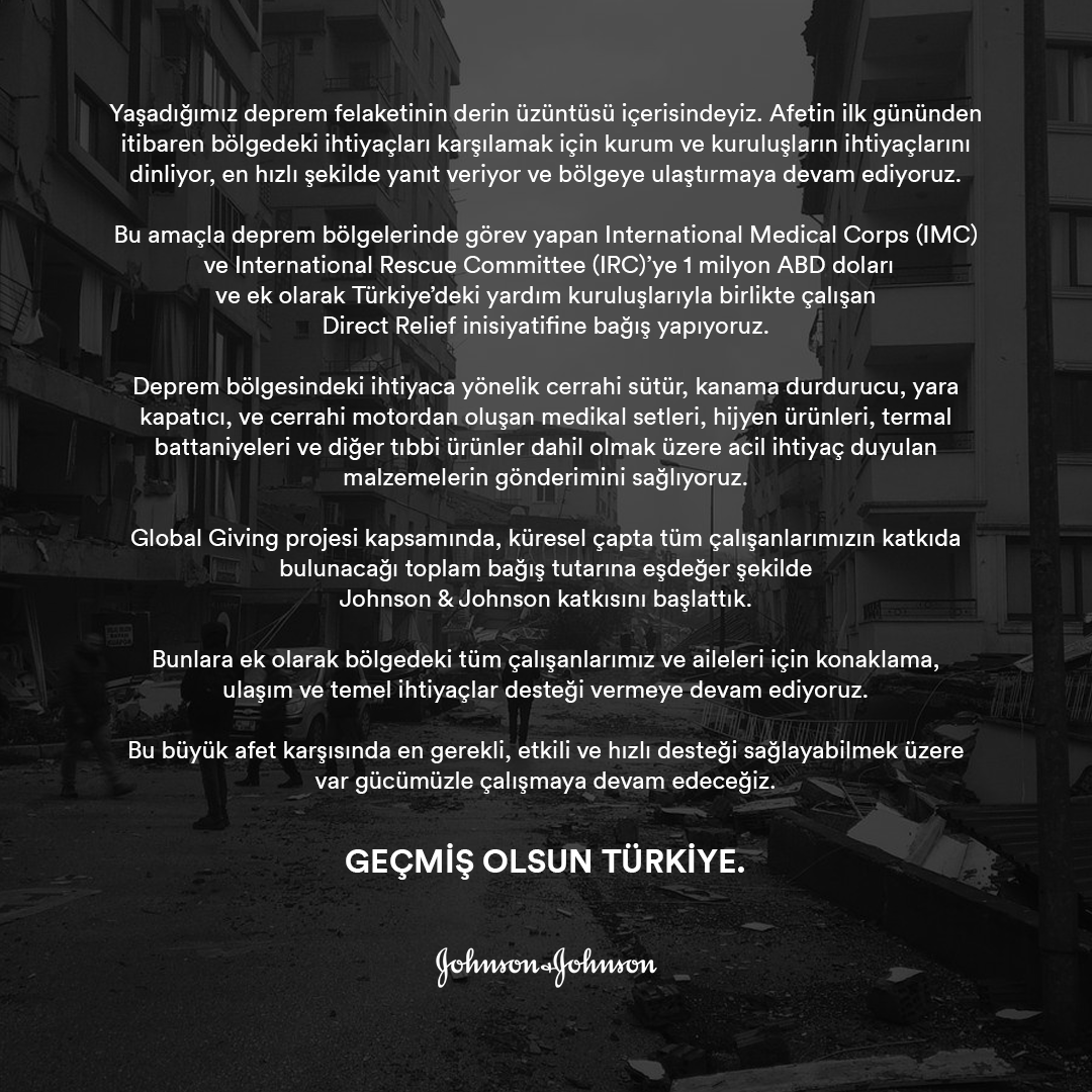 Yaşadığımız deprem felaketinin derin üzüntüsü içindeyiz. Bu büyük afet karşısında en gerekli, etkili ve hızlı desteği sağlayabilmek üzere var gücümüzle çalışmaya devam edeceğiz.

GEÇMİŞ OLSUN TÜRKİYE.