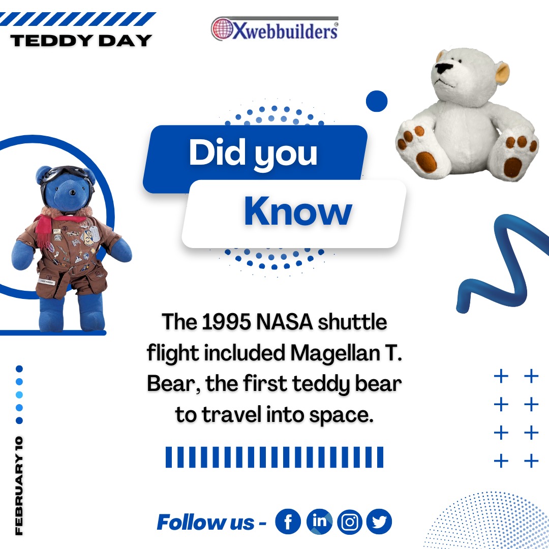 xweb_dotcom's tweet image. Did You Know?
The 1995 NASA shuttle flight included Magellan T. Bear, the first teddy bear to travel into space.

#1built4u #didyouknow #DYK #facts #dailyfacts #NASA #flight #teddybear #first #space #spacetravel #teddyday