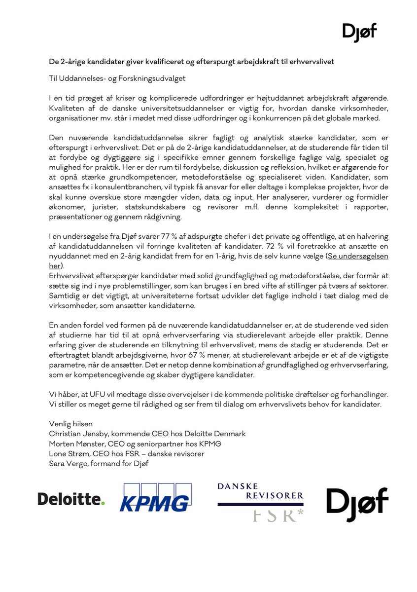 BEVAR VORES KANDIDATUDDANNELSER!

Budskabet står sort på hvidt i brevet, vi netop har sendt til Folketingets Uddannelses- og Forskningsudvalg 👇

Sammen med @DeloitteDanmark, <a href="/KPMGDenmark/">KPMG Denmark</a> og @FSRdk opfordrer vi regeringen til dialog.

Håber, #dkpol lytter! 

#uddpol
