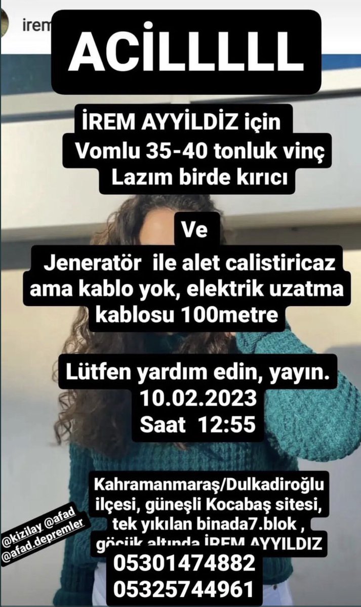 Rojin09762457's tweet photo. #iremayyıldız ADRES :KAHRAMANMARAŞ DULKADİROĞLU İLÇESİ GÜNEŞLİ KOCABAŞ EVLERİ 7.BLOK 

35-40 tonluk VİNÇ VE KIRICI LAZIM .AYRICA 100 m ELEKTRİK UZATMA KABLOSU LAZIM ÇOK ACİL
#ACILYARDIM #acilvinc #babalatv #OguzhanOgur #halukleventacil #AHBAP #AFAD #AFADMaras #acildeprem https://t.co/2AY4CcDAoz