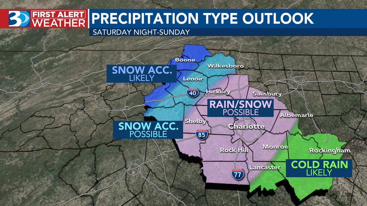 AlConklin's tweet photo. FIRST ALERT: Spotty rain will be an issue around the #CLT area at times today &amp; Saturday (especially during the PM hours) but there may be a transition to snow, even in the Piedmont Sunday morning. Even if it does, I believe roads will just be wet. #NCwx #SCwx #CLTwx https://t.co/jDfo4LCfbn