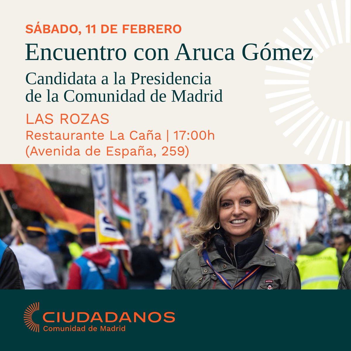 Nos vemos mañana en Las Rozas para charlar con <a href="/ArucaGomez/">Aruca Gómez</a>, candidata de CS a la Presidencia de la Comunidad de Madrid.

📍 Restaurante La Caña (Avenida de España, 259)
⏰ A partir de las 17:00h
¡Te esperamos!
#SeNecesitanValientes