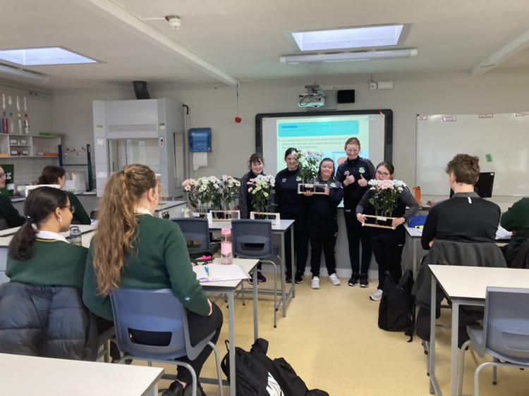 Leah, Chloe, Niamh, Aoife and Connie from Ms. Mc. Manus’s Science class showing our sixth year Biology students their experiment on transport in plants! Brilliant girls!