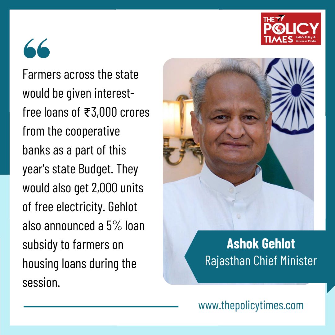 thepolicytimes's tweet photo. Farmers across the state would be given interest-free loans of ₹3,000 crores from the cooperative banks as a part of this year's state Budget.
#freeloan #farmers #CooperativeBank #statebound2023 #freeelectricity #AshokGehlot @ashokgehlot51 https://t.co/EpgMQKQJJ7
