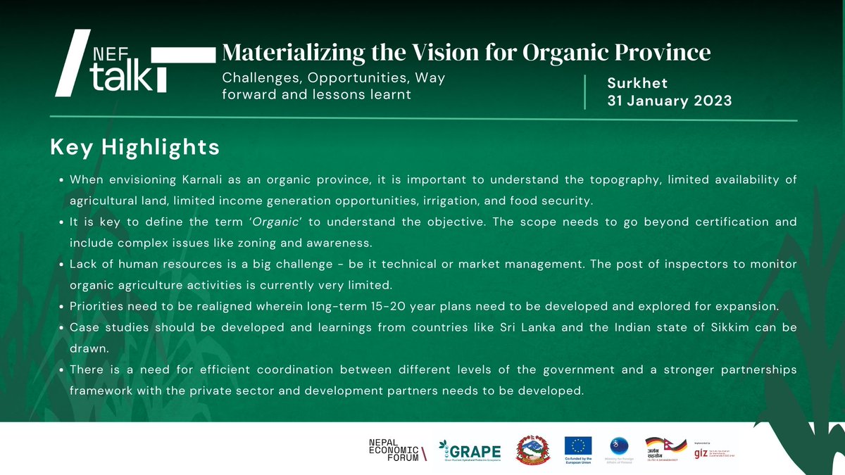 NEFNepal's tweet photo. Key Highlights for #Neftalk on Materializing the Vision for Organic Province are out! 

Watch the event recording - https://t.co/x6Wp8veycT

@GRAPE_Programme @EUinNepal @finlandinnepal 

#climateaction #karnali #green #resilient #sustainability #NEF #event #climate #organic https://t.co/bZNY1DHleJ