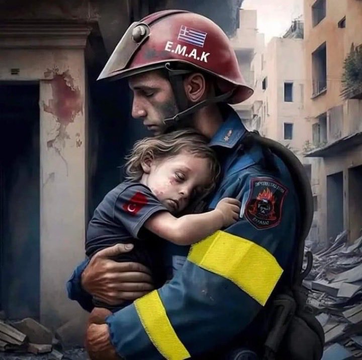 On voit là un secouriste grec en #Turquie. Il y tant d’#humanité dans cette photo 😭