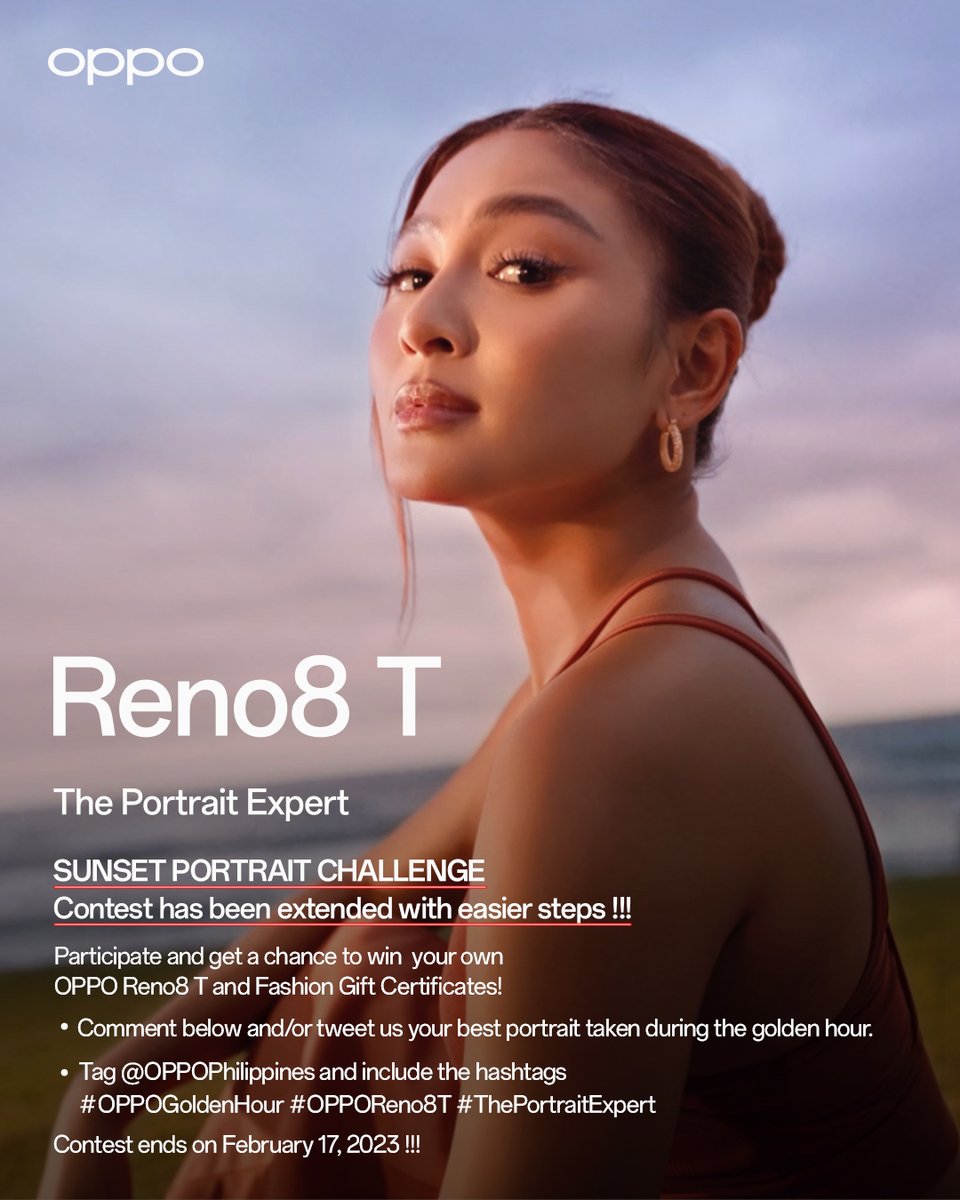 OPPOPhilippines's tweet photo. The Sunset Portrait Challenge has been extended!
Participate and get a chance to win your own #OPPOReno8T and Fashion Gift Certificates!
All you have to do is tweet us your best golden hour portrait, tag us with the hashtags #OPPOGoldenHour #OPPOReno8T #ThePortraitExpert https://t.co/fgamyW47qQ