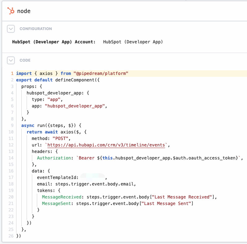 henrywangnl's tweet photo. My latest integration built on @pipedream is live🥳. It triggers when @expandi_io receives a new campaign message and then creates a contact timeline event in HubSpot. Just a few lines of Node.js code but @pipedream did all the heavy lifting: OAuth and deployment! https://t.co/8NZuCzja28