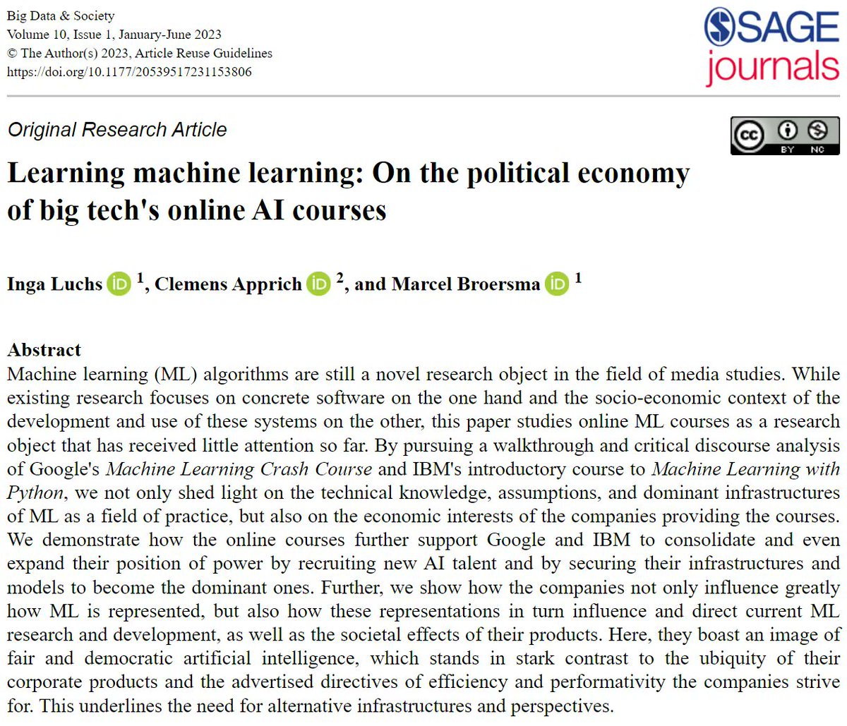Revisit the paper 'Learning machine learning: On the political economy of big tech's online AI courses' by Inga Luchs (@lynxlynxly), Clemens Apprich and Marcel Broersma (@MJBroersma) at buff.ly/3DPA18j #AI #machinelearning #politicaleconomy