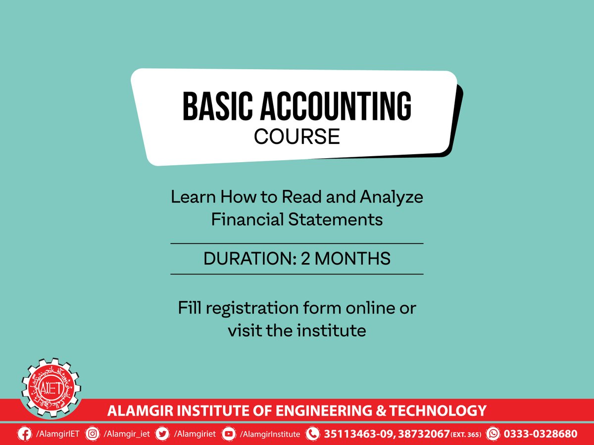 AlamgirIet's tweet image. Enroll in our Basic Accounting course .
#AIET #vocationalcourses #basicaccounting