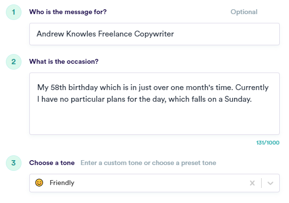 AndrewExplainer's tweet image. I&apos;ve now found the option to &apos;Write a love letter for a special day&apos;.

Here are the parameters I&apos;ve input to @copy_ai.

What will I get out?

(Yes, it&apos;s a letter to me. In this weird AI world, why not?)

#aicopywriting