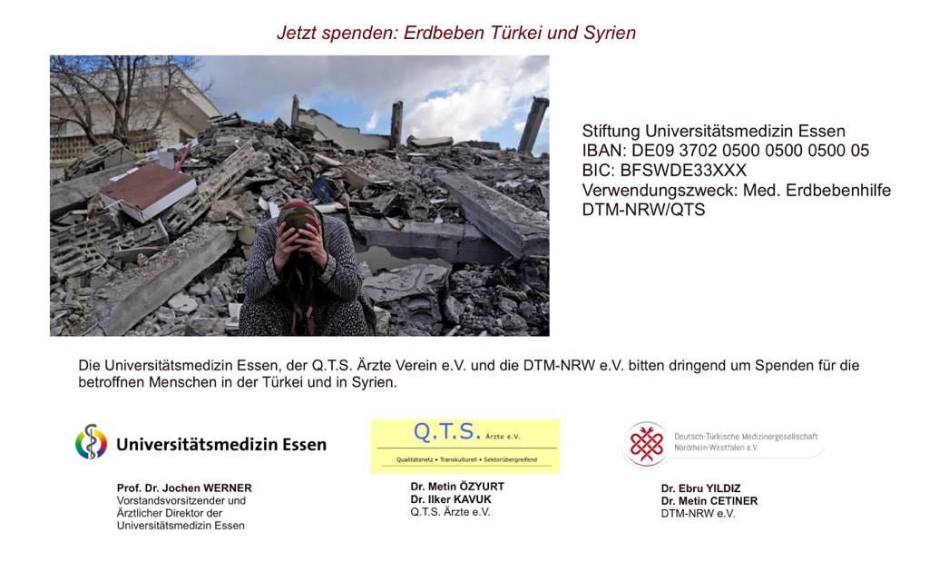 🏥Für die Erdbebenopfer haben wir ein Spendenkonto eingerichtet.
„Ziel ist es, die medizinische Hilfe der Region zu bündeln und strukturiert zu verteilen“, so Dr. Ebru Yildiz Organisatorin der Aktion.