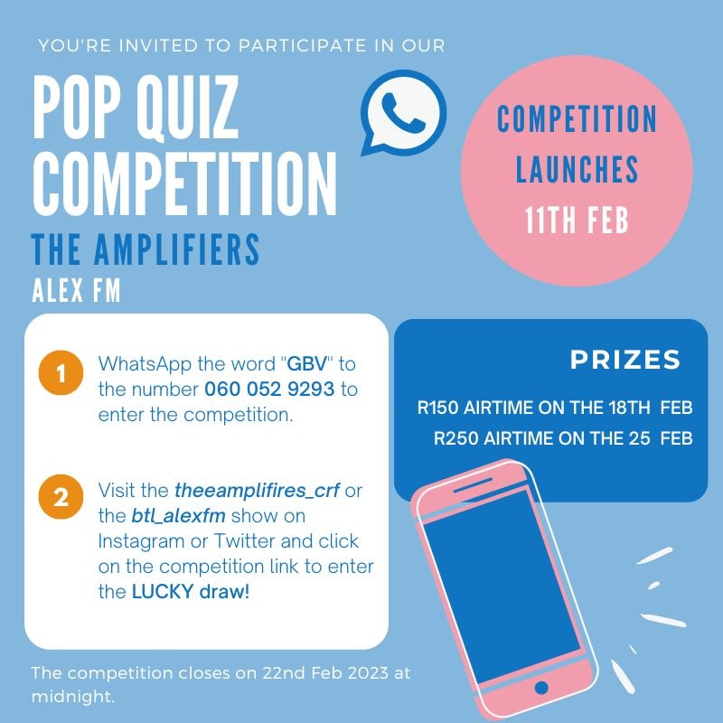 The Amplifiers, on Alex FM brings you a Pop Quiz Competition this February. Tune into our show tomorrow at 9h00-10h00 to find out more. Enter the competition by WhatsApping the word “GBV'’ to the number 060 052 9293..