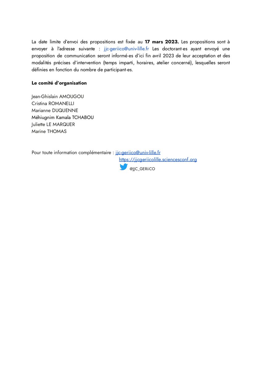 🏁Lancement de notre appel à communication pour la 17ème édition de la Journées Jeunes Chercheur·e·s en #SIC prévue le 26 mai 2023 à Infocom Université de Lille à Roubaix.

Thématique : En(quête) de terrains ! 🔎

📅Les propositions sont attendues pour le 17 mars 2023