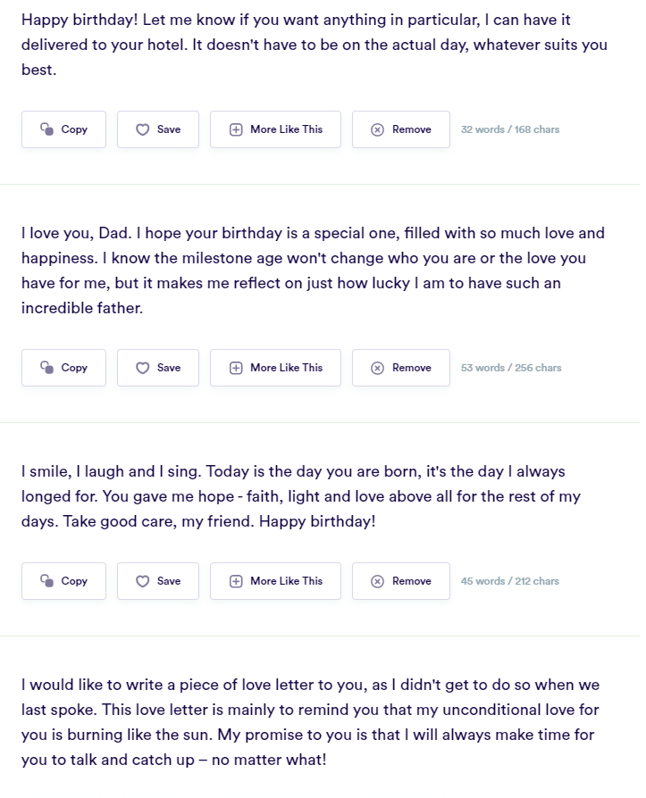 AndrewExplainer's tweet image. And here are the outputs.

&apos;Milestone age&apos;.
&apos;My unconditional love for you is burning like the sun&apos;
I&apos;m in a hotel?

I love you, too, @copy_ai. You&apos;re so funny.

#loveletter #aicopywriting