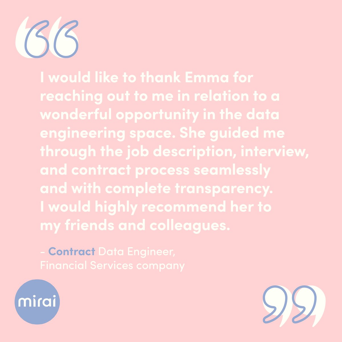 It's time for another #FeedbackFriday! We were thrilled to hear such lovely words from the wonderful Contract Data Engineer we recently placed within a Financial Services company. 

#techrecruiter #recruitment #techjobs #tech #womeninstem #stem