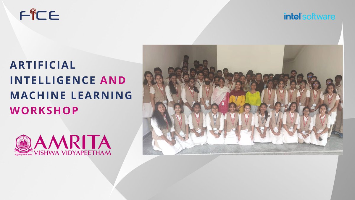ficeindia's tweet photo. FICE conducted a 5-day long interactive workshop on Artificial Intelligence and Machine Learning for the students of Amrita Vishwa Vidyapeetham, Chennai.  The training was taken by Intel® Certified Instructor Yogesh Raje and Dushyant Kumar Singh. https://t.co/D12ge5roiT
