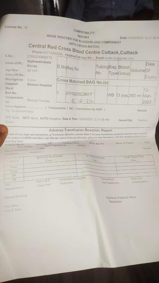 Bimal4jajpur's tweet photo. କଟକ Silicon Hospital ରେ Admission ହୋଇଥିବା Sudhanshubala Parida ଙ୍କୁ ଜରୁରୀ କାଳୀନ ପରିସ୍ଥିତି ରେ CRCBC, Cuttack ରୁ OMP JB, ଯାଜପୁର ର ସହାୟତା ରେ O+ve ରକ୍ତ ଦିଆଗଲା.@MoParivarOdisha @iamsunandadas @pranabpdas @MoSarkar5T https://t.co/ZzgrIjzMTF