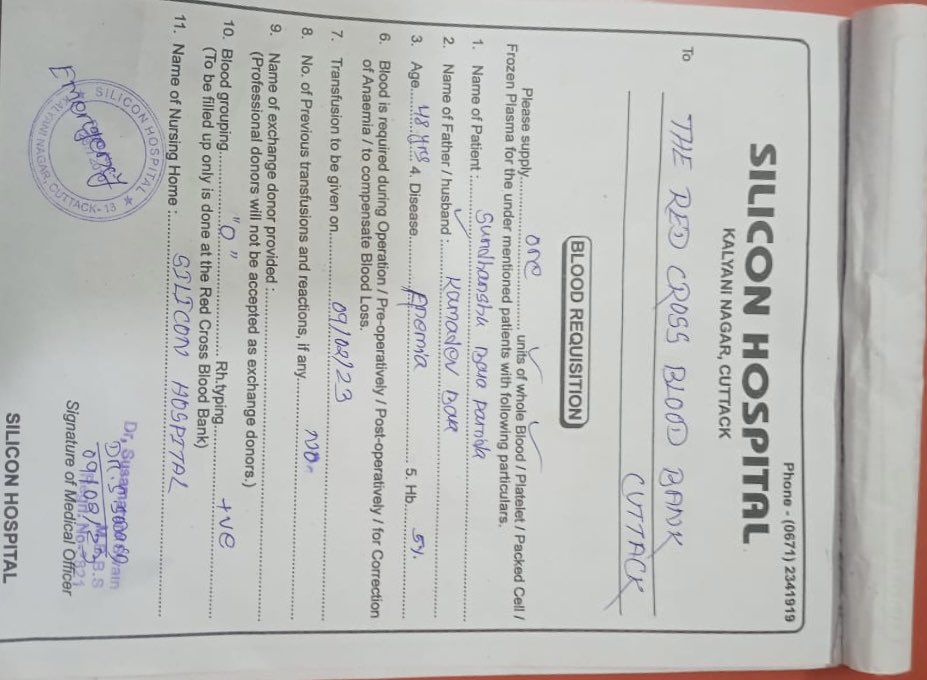 Bimal4jajpur's tweet photo. କଟକ Silicon Hospital ରେ Admission ହୋଇଥିବା Sudhanshubala Parida ଙ୍କୁ ଜରୁରୀ କାଳୀନ ପରିସ୍ଥିତି ରେ CRCBC, Cuttack ରୁ OMP JB, ଯାଜପୁର ର ସହାୟତା ରେ O+ve ରକ୍ତ ଦିଆଗଲା.@MoParivarOdisha @iamsunandadas @pranabpdas @MoSarkar5T https://t.co/ZzgrIjzMTF