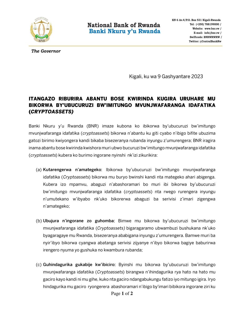 CentralBankRw's tweet photo. 𝐈𝐓𝐀𝐍𝐆𝐀𝐙𝐎: BNR iragira inama abantu bose kwirinda kwishora mu bikorwa by'ubucuruzi  bw'imitungo mvunjwafaranga idafatika (cryptoassets) kubera ko birimo ingorane nyinshi.

#BNREngage
#KnowYourCentralBank https://t.co/gqZXuAaLr9