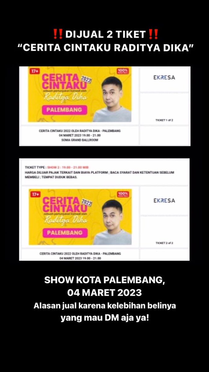 RamadhannTibaa's tweet photo. @galasxsky Aku juga jual nih ada 2 Tiket Raditya Dika Kota Palembang Show 2 (19.00-21.00) harga 500k aja, bisa satuan juga ya, minat dm (no tipu tipu bisa minta bukti apapun yg buat percaya) https://t.co/jOsuqklPgC