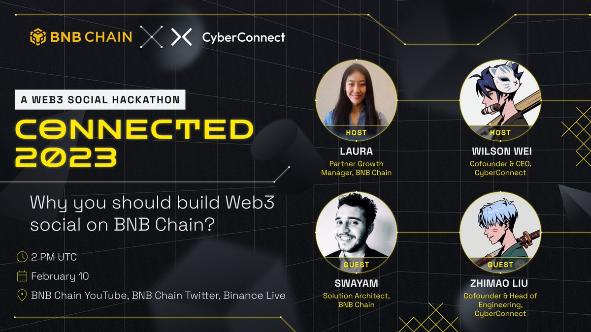 Join us today alongside <a href="/CyberConnectHQ/">(Deprecated) CyberConnect</a> as we talk about why #Web3 social platforms are set to thrive on BNB Chain.

Apply Now 👉🏼 connected.cc.me
Join us: link3.to/e/oeTGih
🗓️ February 10 
⏰ 2:00 PM (UTC)
📍 youtube.com/watch?v=kbvDCn…