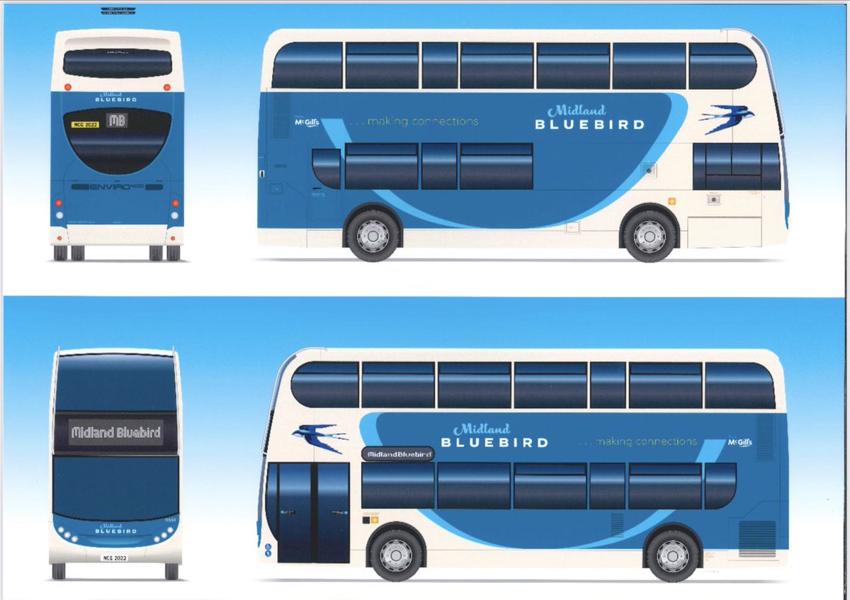 NoConceptOfTime's tweet photo. Was please to share with @StirlingCouncil councillors on Wednesday the new @mcgillseast Midland Bluebird livery design. This image is of the buses that will soon be allocated to the X10/A #Balfron #Aberfoyle #Stirling https://t.co/Q88NegbZbE
