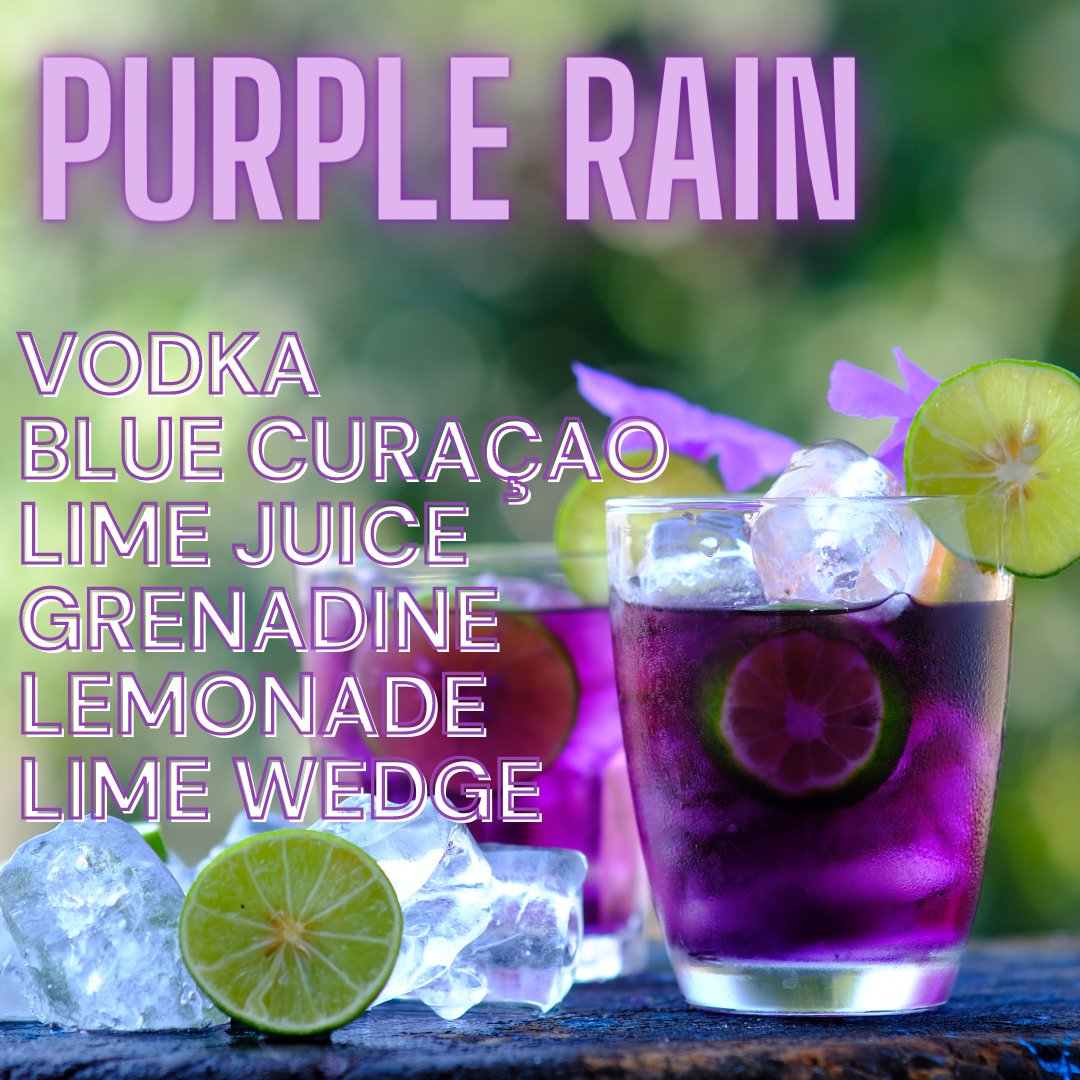 Purple Rain cocktail: Add your ingredients into a jug with some ice. Stir. Pour into a tumbler and top with lemonade.