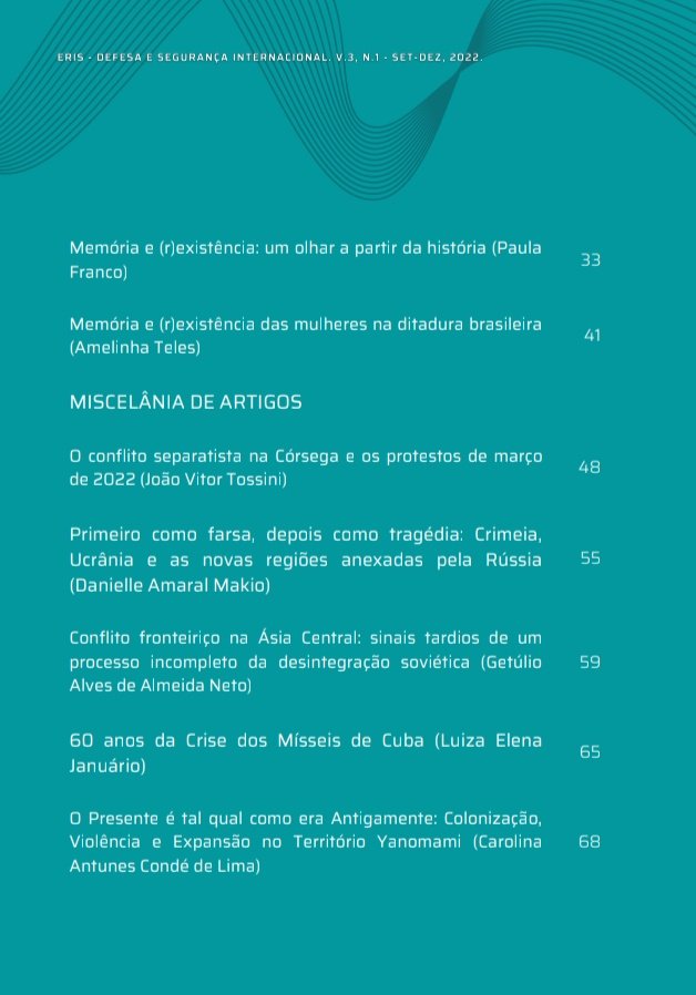 A nova edição do Eris está disponível!

O volume conta com um dossiê sobre "Militares e Política no Brasil", além da transcrição do evento "Memória e (r)existência das mulheres na ditadura militar"  e demais artigos publicados na revista em 2022

 Confira: bit.ly/3IdD2Se