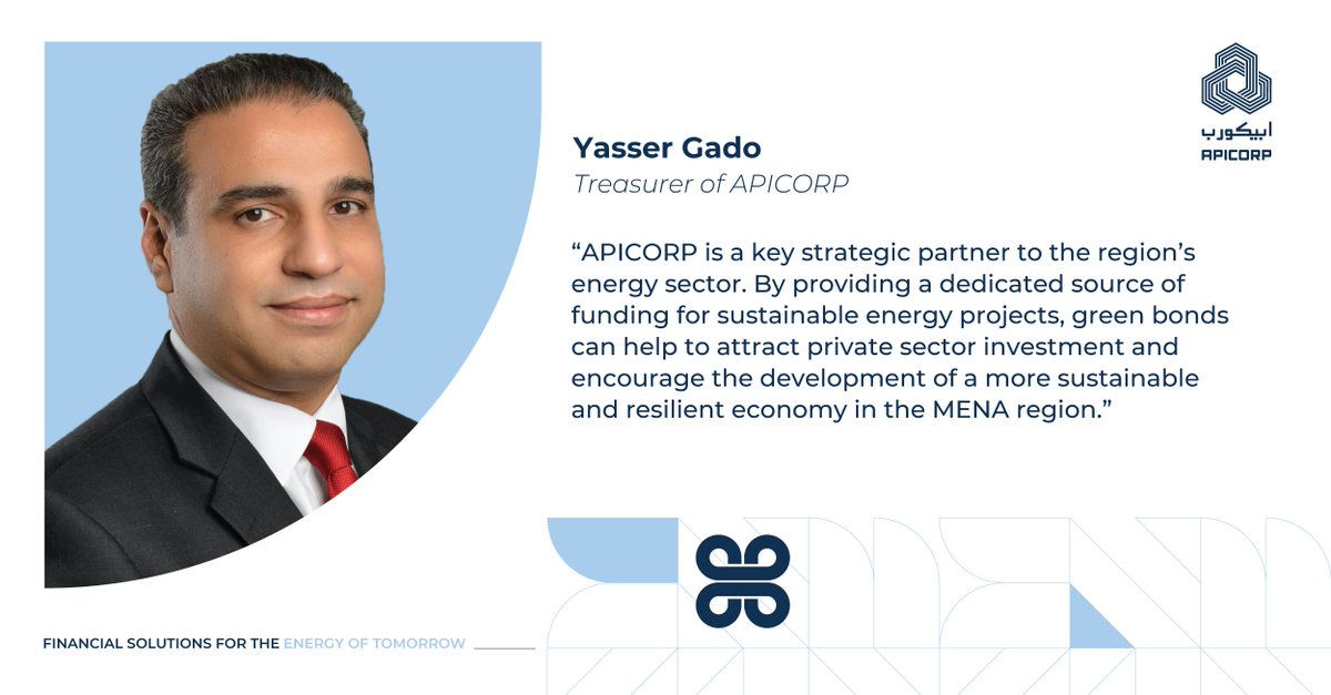 ArabEnergyFund's tweet photo. Here’s a quick takeaway from Yasser Gado, Treasurer of #APICORP, about the economic and community impact of Green Bonds! https://t.co/p9BlJXr9jY