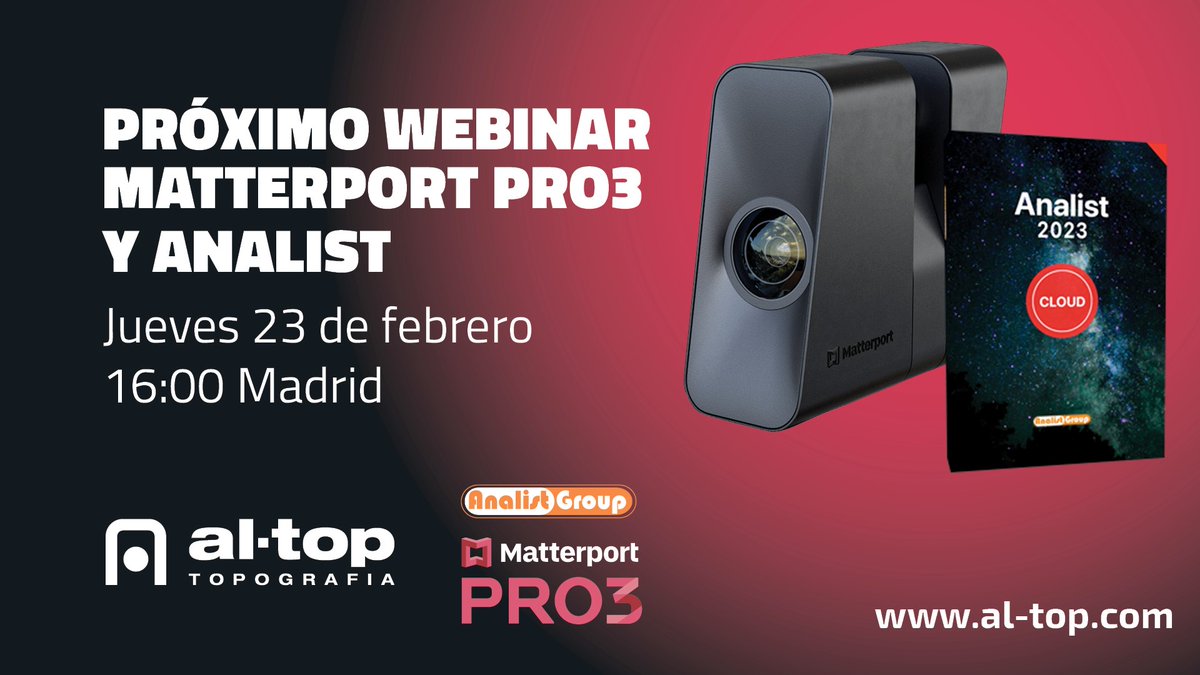 AltopTopografia's tweet photo. Próximo Webinar: #Matterport PRO3 y Analist. Jueves 23 de febrero 16:00 Madrid
Conozca las ventajas del software #Analist basado en la tecnología #Autodesk y el potencial de la cámara Matterport #PRO3
Regístrese aquí: https://t.co/Vvh0tQ2knd
#Altop #planosCAD #Recorridovirtual https://t.co/CgX4j77x3Q