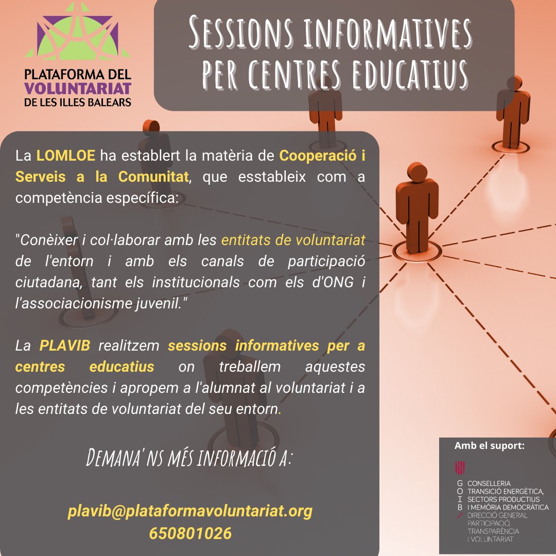 plavib's tweet photo. 📢La LOMLOE ha creat la matèria de Cooperació i Serveis a la Comunitat, que estableix: 
"... col·laborar amb les entitats de voluntariat...."
La PLAVIB realitzem sessions per a centres educatius on treballem aquestes competències
➕ℹ️ a:
plavib@plataformavoluntariat.org
650801026 https://t.co/TNEeaAeO3F