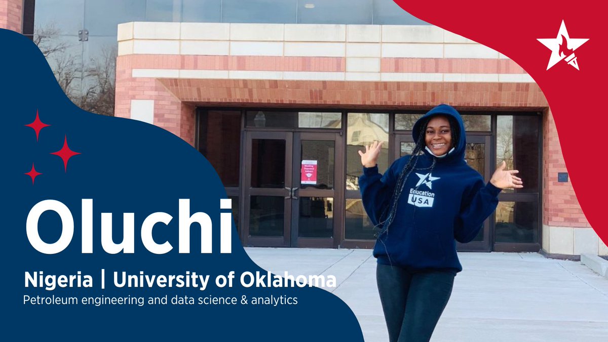 A smiling woman in a navy blue sweatshirt with a vertical EducationUSA logo. This graphic celebrates master’s student Oluchi from Nigeria.