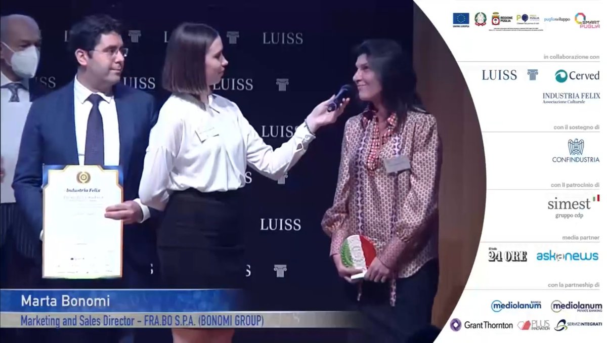 FelixIndustria's tweet image. 45°🏆 Premio #IndustriaFelix.
💬Ascolta l'intervento di Marta Bonomi, Marketing &amp;amp; Sales Director Fra.Bo. SpA (#BonomiGroup), all'evento di premiazione delle 203 imprese 🔝 tenutosi il 24 Novembre a Roma

Clicca qui 👇👇👇⚙🇮🇹
youtu.be/muD--4MJwoc