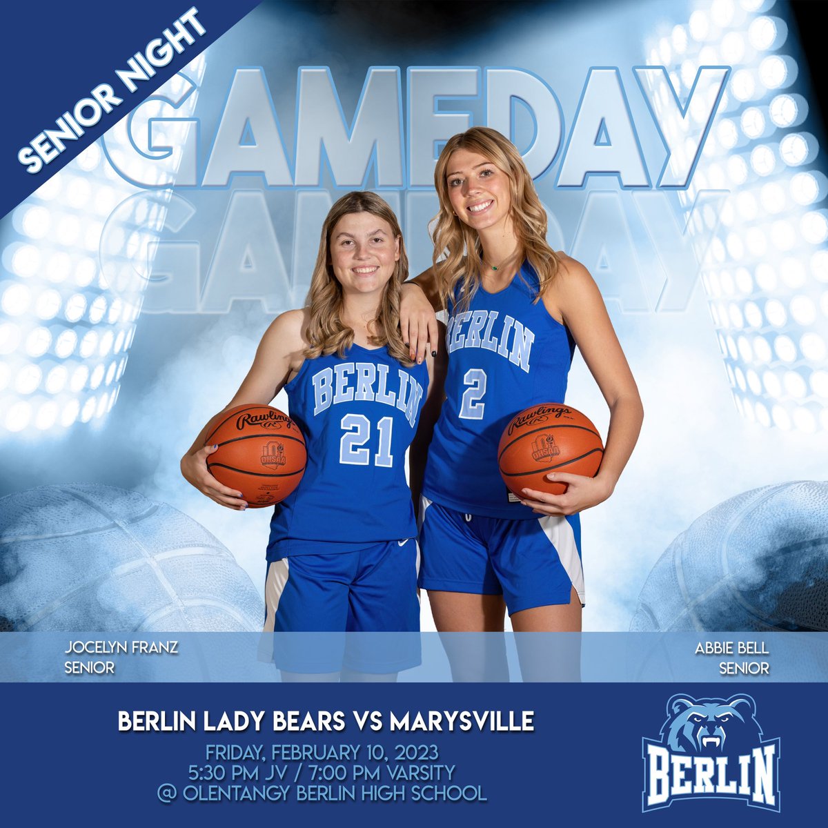 It’s senior night! <a href="/ladybearsbbk/">Berlin Lady Bears Basketball</a> hosts <a href="/MHSLadyMonarchs/">Lady Monarch Hoops</a> for an OCC Cardinal matchup, as we celebrate <a href="/Abbiebell19_/">Abbie Bell</a> and <a href="/jocelynfranz1/">jocelyn franz</a> Let’s go Lady Bears! <a href="/Todd_spinner/">OlentangyBerlinBears</a> <a href="/BerlinBearsAD/">Olentangy Berlin High School Athletic Dept</a> #ClawsUp