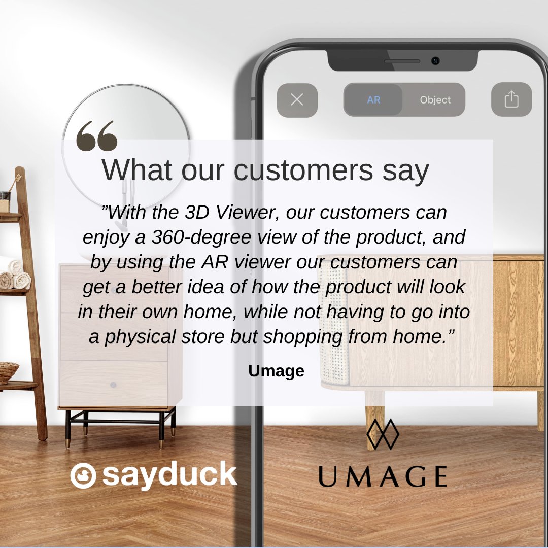 SayduckApp's tweet photo. Umage wanted to create an eCommerce experience, where the customers could interact with the furniture similarly to visiting a physical store, and more! So they chose the Sayduck 3D &amp; AR Platform.

https://t.co/fqmcqhEWiS

#eCommerce #Sales #Marketing https://t.co/mF0XcKwcrC