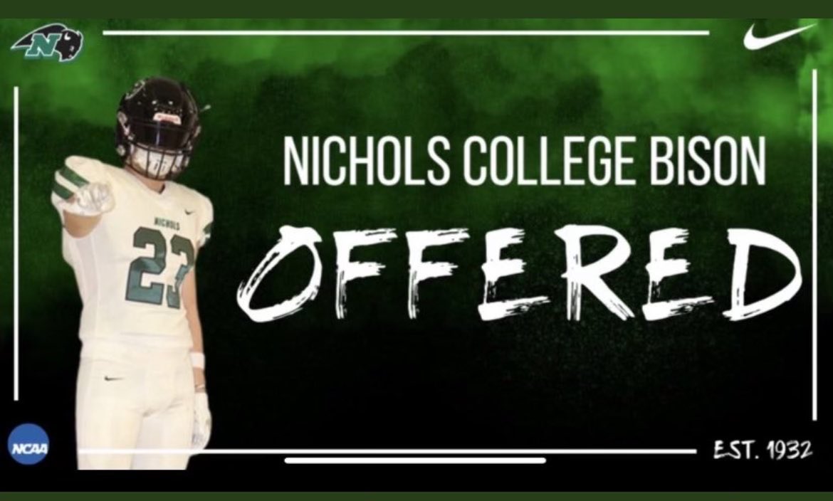 ConnorJonsey23's tweet photo. After having great conversations with the coaches at Nichols, I am very excited and grateful to have received my first offer from @NCbison_FB 💚🦬Thank you to @olmsted_dale, @CoachNeeOL and @CoachVBisonOC. https://t.co/kjlTMuZNUe