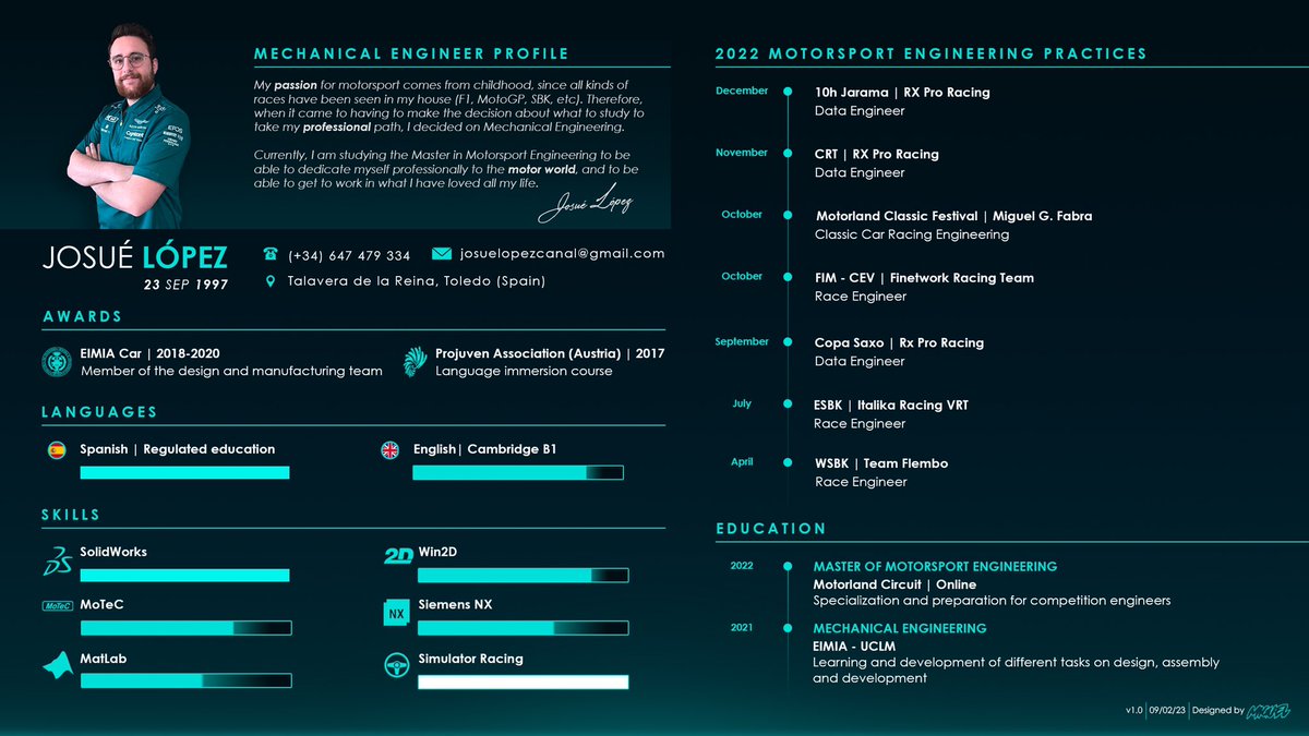 INGENIERO EN MOTORSPORT 

✅ Ingeniero Mecánico
✅ Máster en Ingeniería de Motorsport impartido por <a href="/AragonMotorLand/">MotorLand Aragón</a>
✅ Dominio de Software de análisis de datos y telemetría 
✅ Prácticas en diferentes eventos

Busco trabajo en ámbito de monoplazas o turismos. Se agradece RT 💙