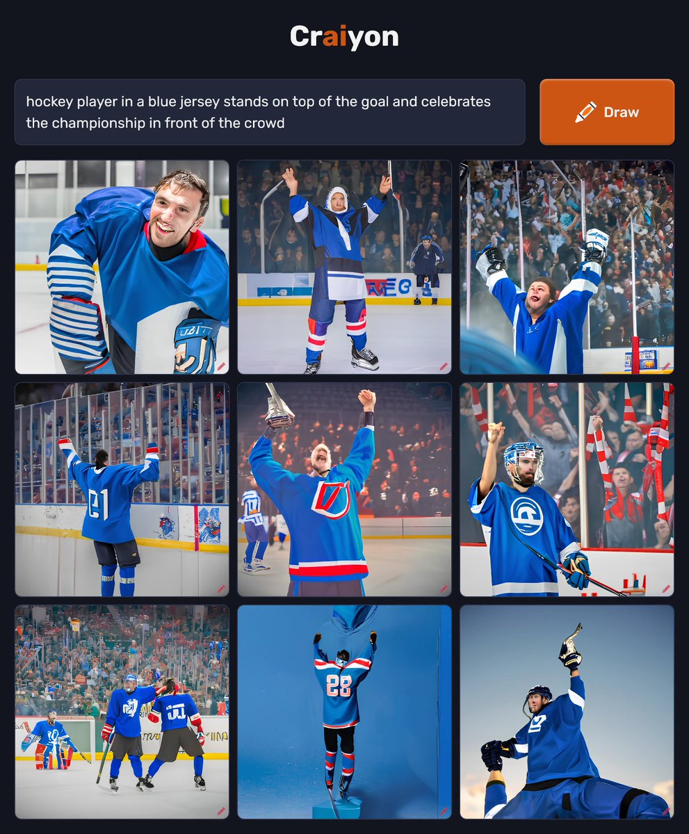 NostalgiaEagle's tweet photo. Having a blast with some text-to-image AI currently. Great to recreate iconic hockey moments. First try: The picture of Todd Hlushko celebrating on the net after the 2001 championship win. This is what the software made out of my description. What's your favourite? @ToddHlushko https://t.co/dKJeUiYPP1