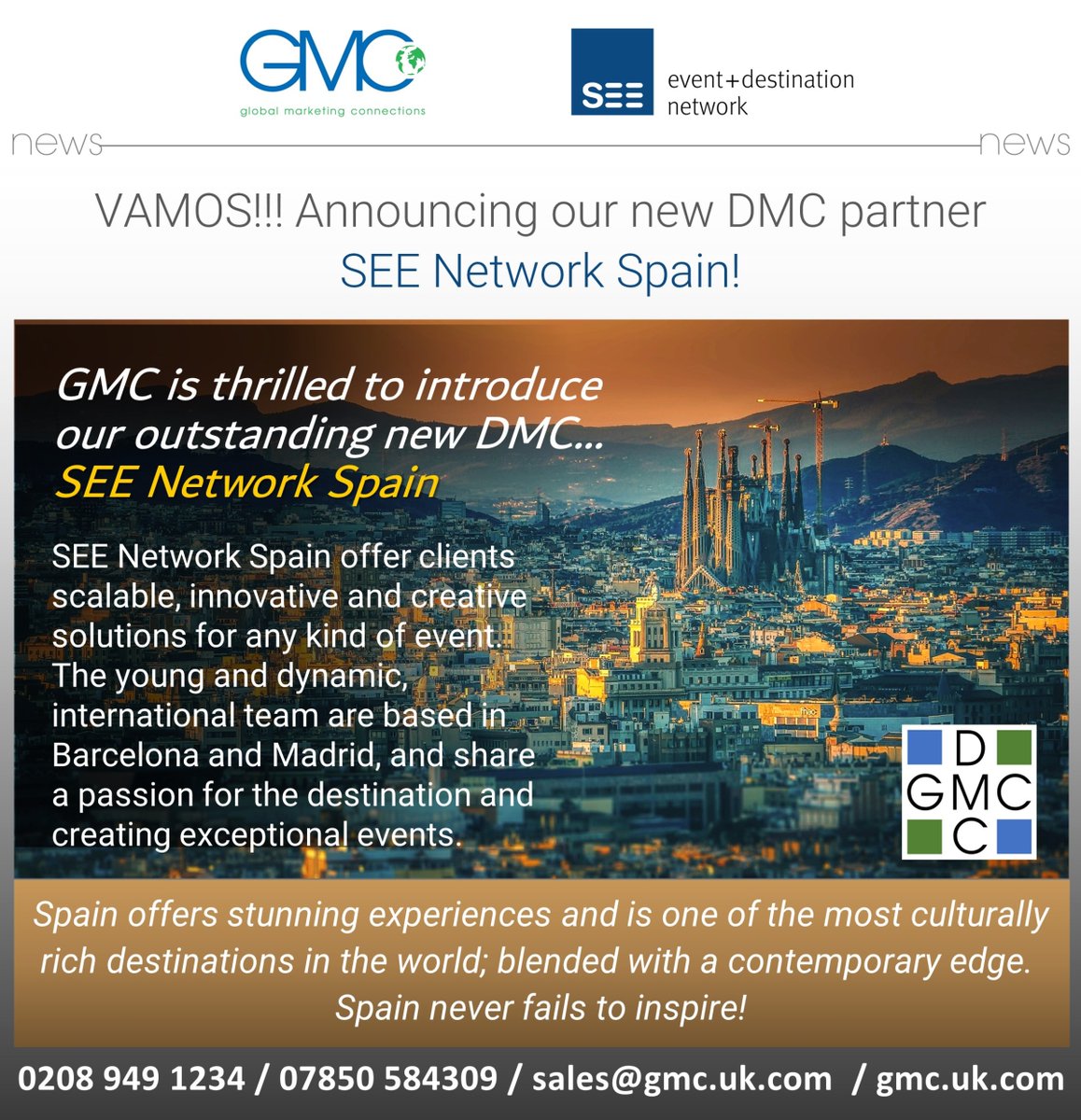 Here at GMC we're super excited to announce our new DMC partner, SEE Network Spain! - mailchi.mp/gmc.uk.com/see… Talk to us and discover what's new in this stunning MICE destination. www.sales@gmc.uk.com 0208 949 1234