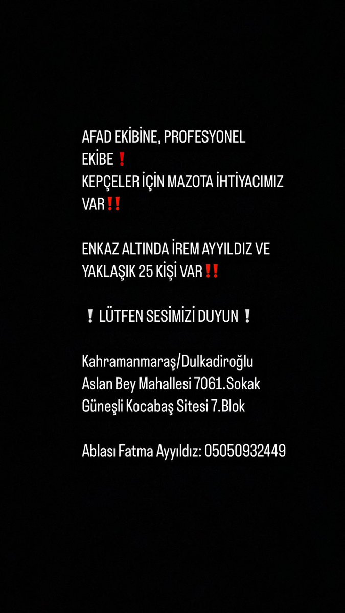 cans_ayg's tweet photo. #iremayyıldız @afad @AFADKMaras @DepremDairesi @ProfDemirtas @BabalaTv @OguzhanUgur @haluklevent @ahbap @ceydakasabali @danlabilic @duyguoezaslan https://t.co/VDAUrX4BDT