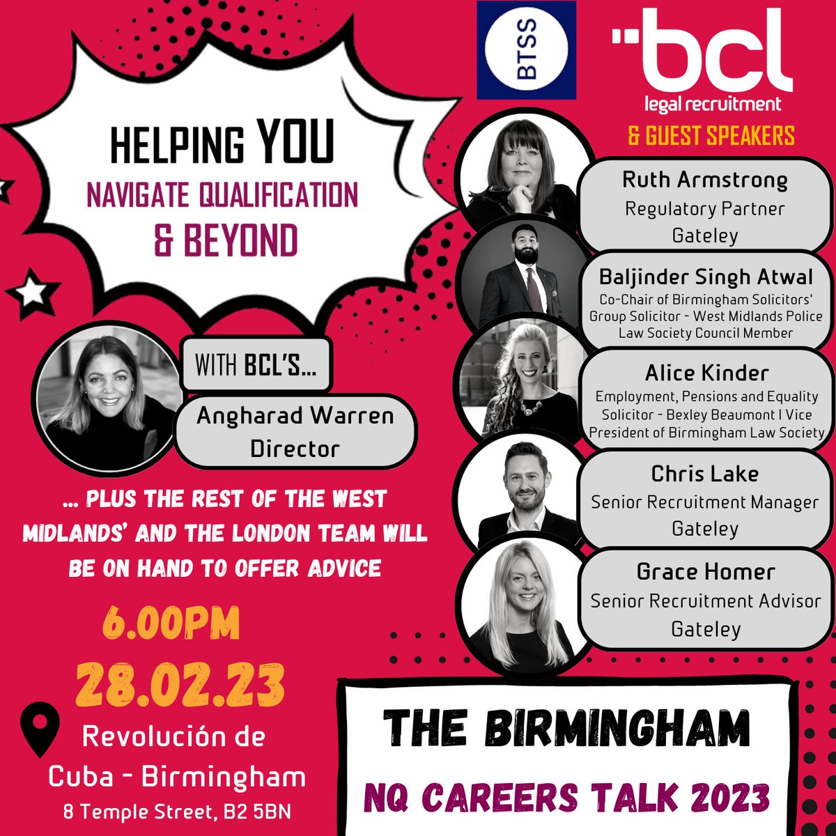 …Very excited to announce our full line-up of guest speakers for the Birmingham NQ Careers Talk on Tues 28th Feb, in association with <a href="/BTSSEvents/">BTSS</a>!!
.
Tickets are FREE > lnkd.in/e_zpH766 - sign up now!
.
#BCLersAreGo #BCLNQCareersTalks2023
