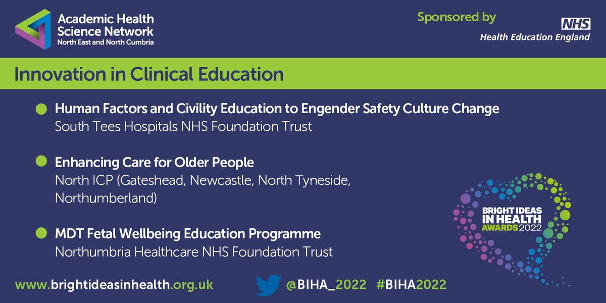 BIHA_20's tweet photo. Meet the finalists in the 'Innovation in Clinical Education' category sponsored by @MADEinHEENE #BIHA2022
๐ @SouthTees
๐ North ICP (Gateshead, Newcastle, North Tyneside, Northumberland) @NENC_NHS
๐ @NorthumbriaNHS
Full list of finalists โก๏ธ https://t.co/ktUmq5ZojI https://t.co/Wd06Mbvptu
