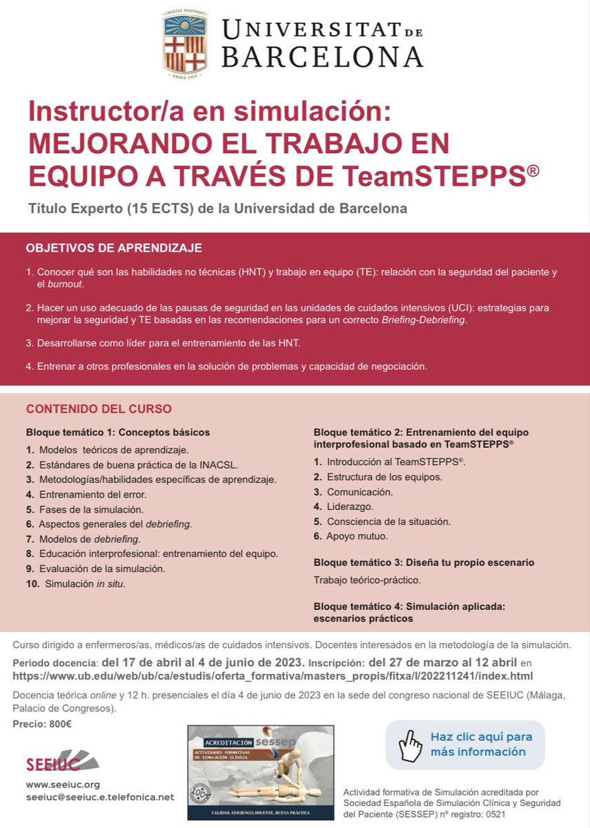 GT_Simul_SEEIUC's tweet image. Ya está abierto el plazo de inscripción de nuestro curso “Instructor/a en simulación: Mejorando el trabajo en equipo a través de TeamSTEPPS”, Título de Experto por la UB y acreditado por la SESSEP. Más info en: ub.edu/web/ub/es/estu… y en artículo abierto elsevier.es/es-revista-enf…