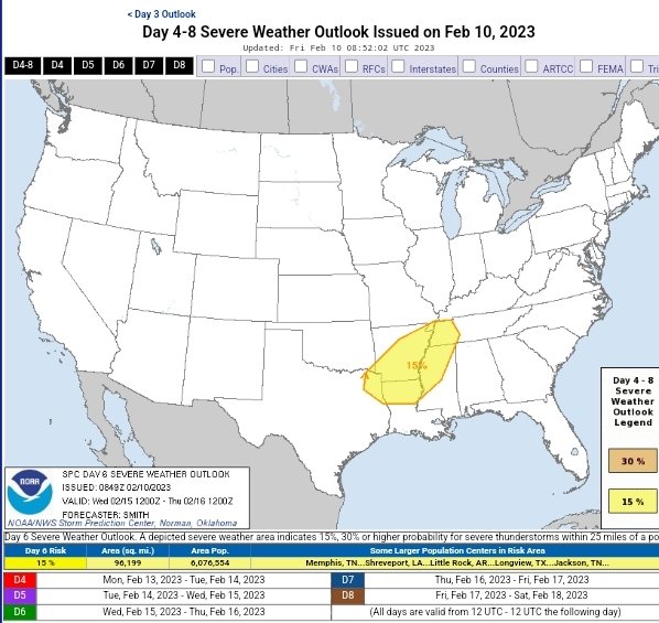 TheWeatherCheck's tweet image. Alright weather checkers. SPC has risks for 15% multi day event setting up for next week Wednesday and Thursday. Now is the time to start preparing and spreading the word as we are seeing an active rest of February setting up.

#weathercheck #severeweather #WeatherForecast